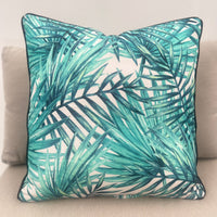 Fresh Palms in Turquoise Green & Beige Outdoor Pillow Cushion