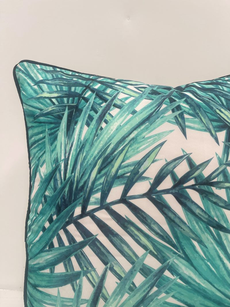 Fresh Palms in Turquoise Green & Beige Outdoor Pillow Cushion