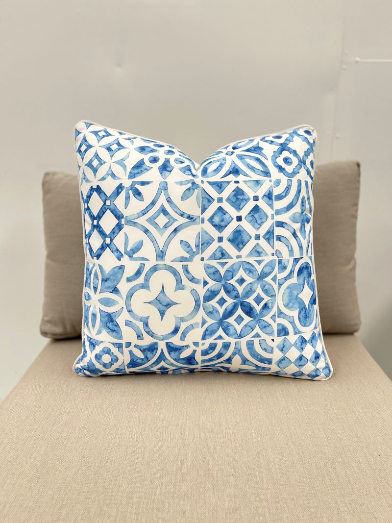 Moroccan Blue Watercolor Pattern Outdoor Pillow Cushion