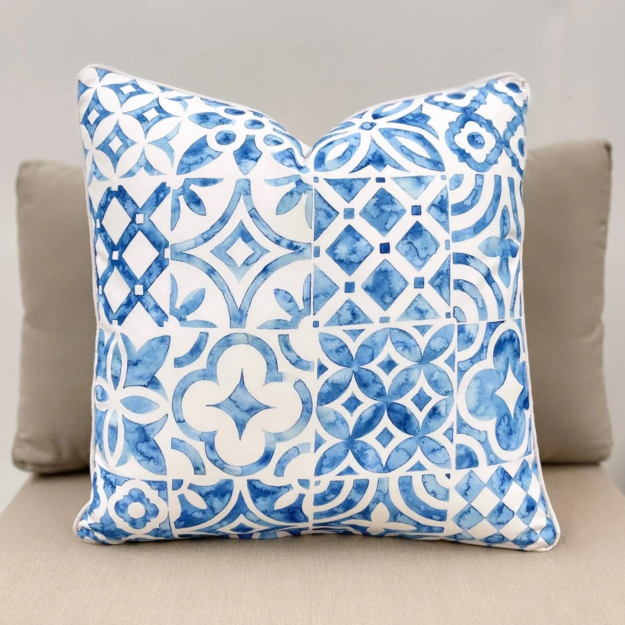 Moroccan Blue Watercolor Pattern Outdoor Pillow Cushion Razzino Furniture