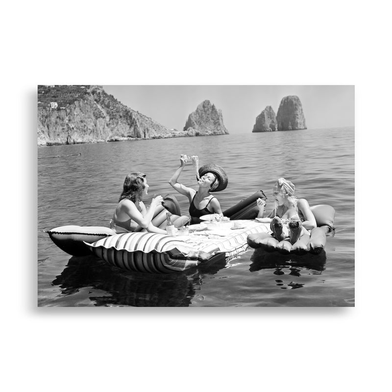 Italian Ladies Eating Pasta Art Print Poster B&W - Landscape