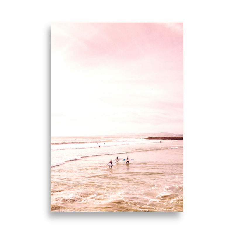 Pink Sunset Surfer Beach Art Print Poster