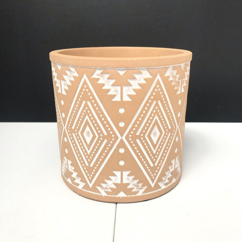 Aztec Pot - Painted Tan with Engraved Pattern - 12cm - Razzino Furniture