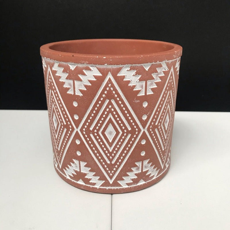 Aztec Pot - Painted Terracotta with Engraved Pattern - 12cm - Razzino Furniture