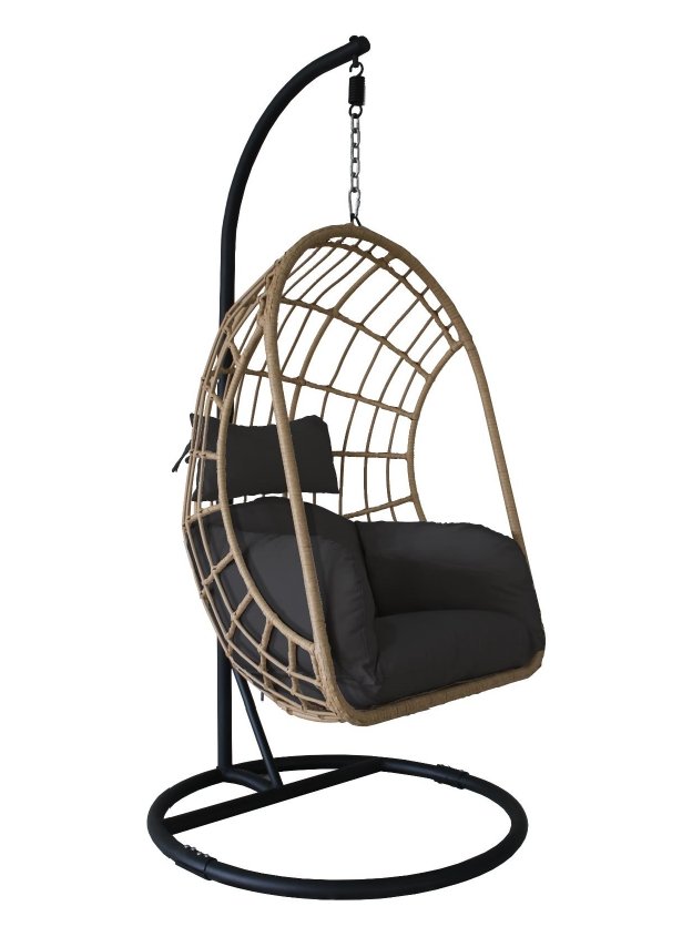 Byron Hanging Egg Chair with Cushion - natural rattan with black aluminum frame