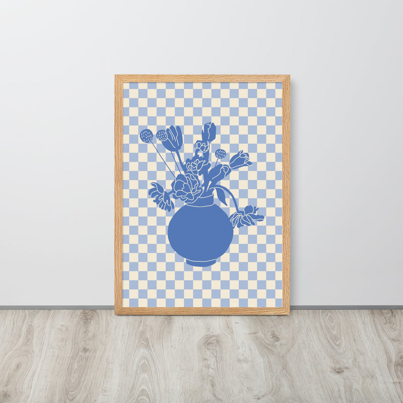 Checkered Blue Flower Vase Framed Art Print