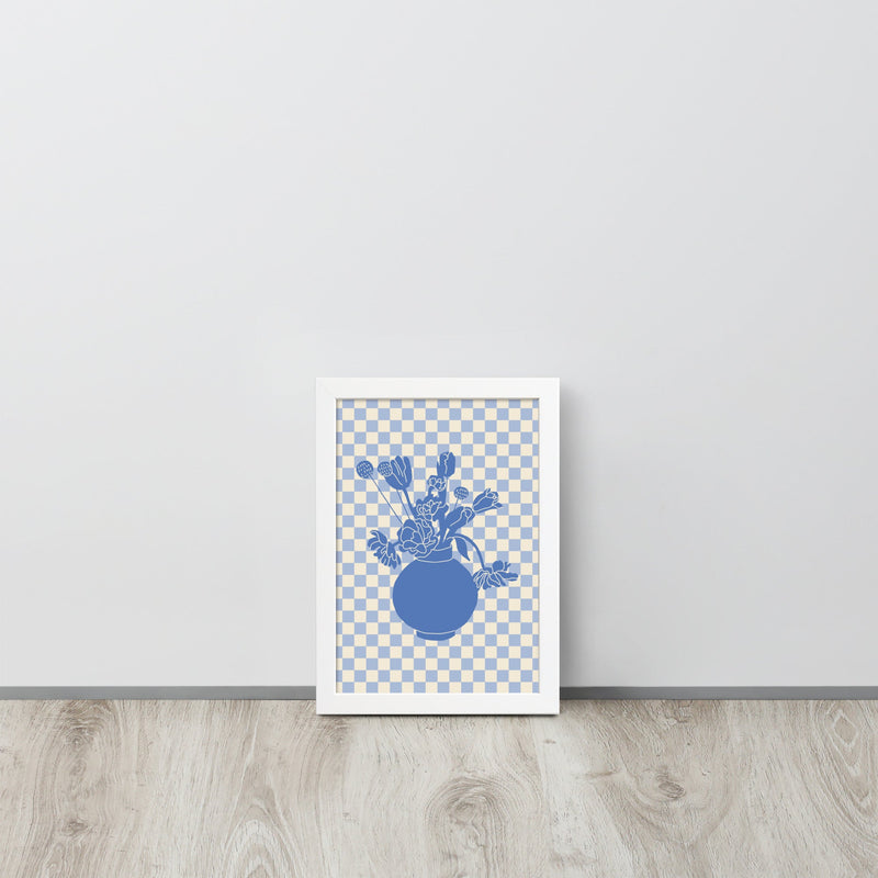 Checkered Blue Flower Vase Framed Art Print