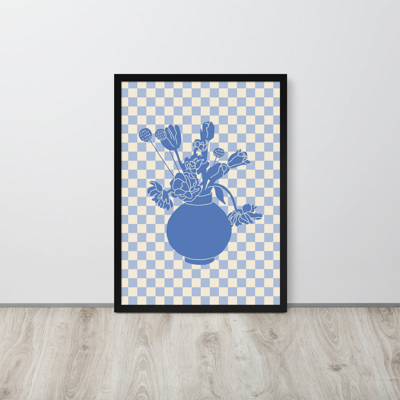 Checkered Blue Flower Vase Framed Art Print