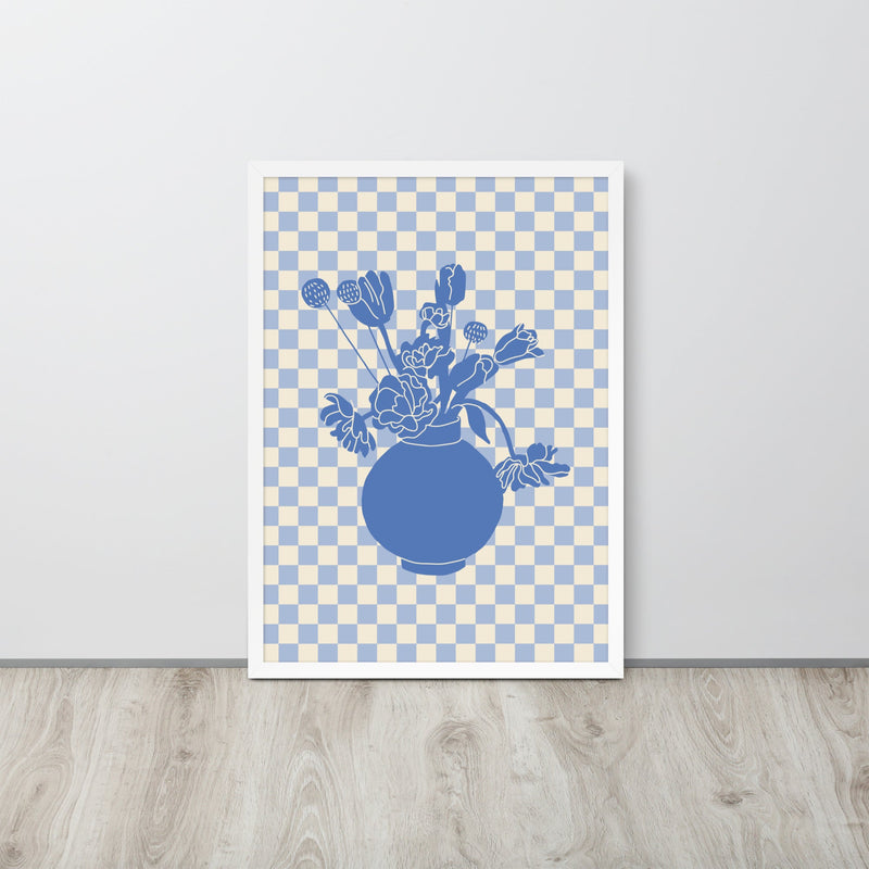 Checkered Blue Flower Vase Framed Art Print