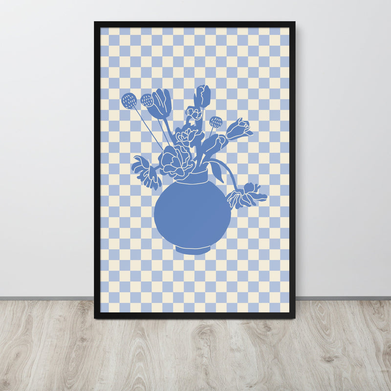 Checkered Blue Flower Vase Framed Art Print