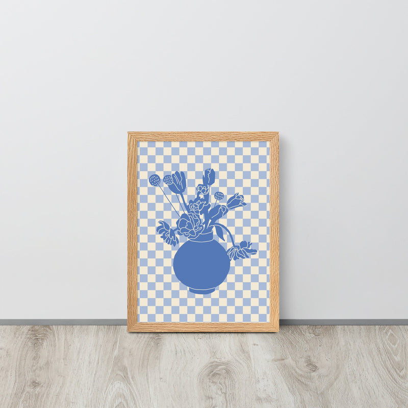 Checkered Blue Flower Vase Framed Art Print