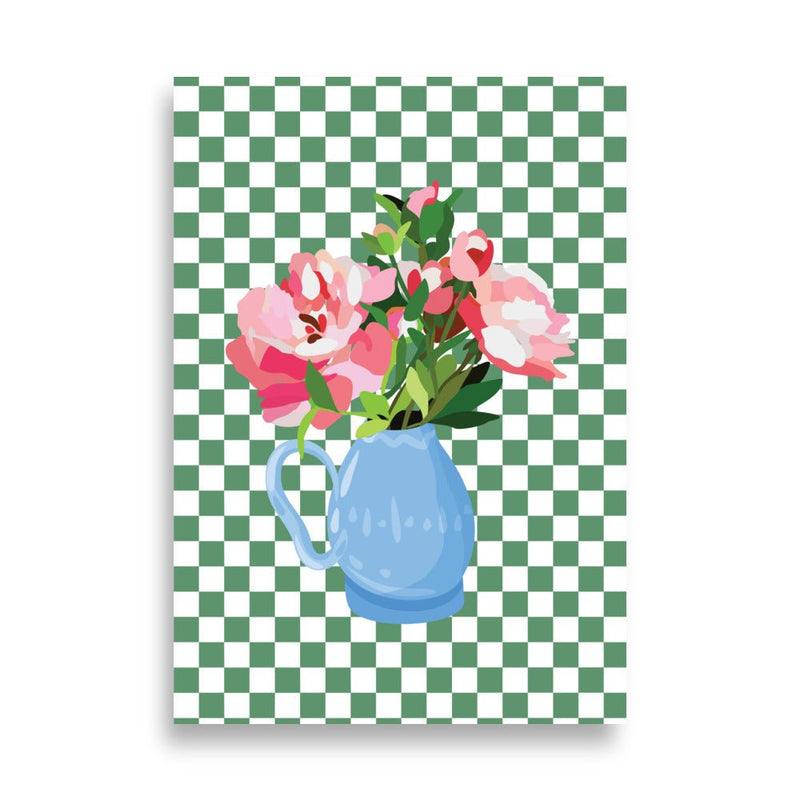 Checkered Green Flower Vase Art Print Poster