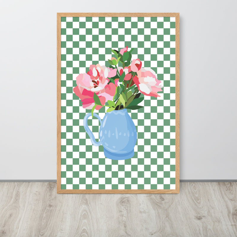 Checkered Green Flower Vase Framed Art Print