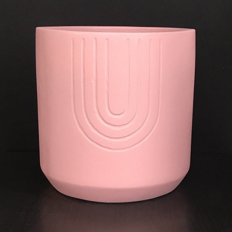 Hand Carved Rainbow - Pink Painted Concrete Pot