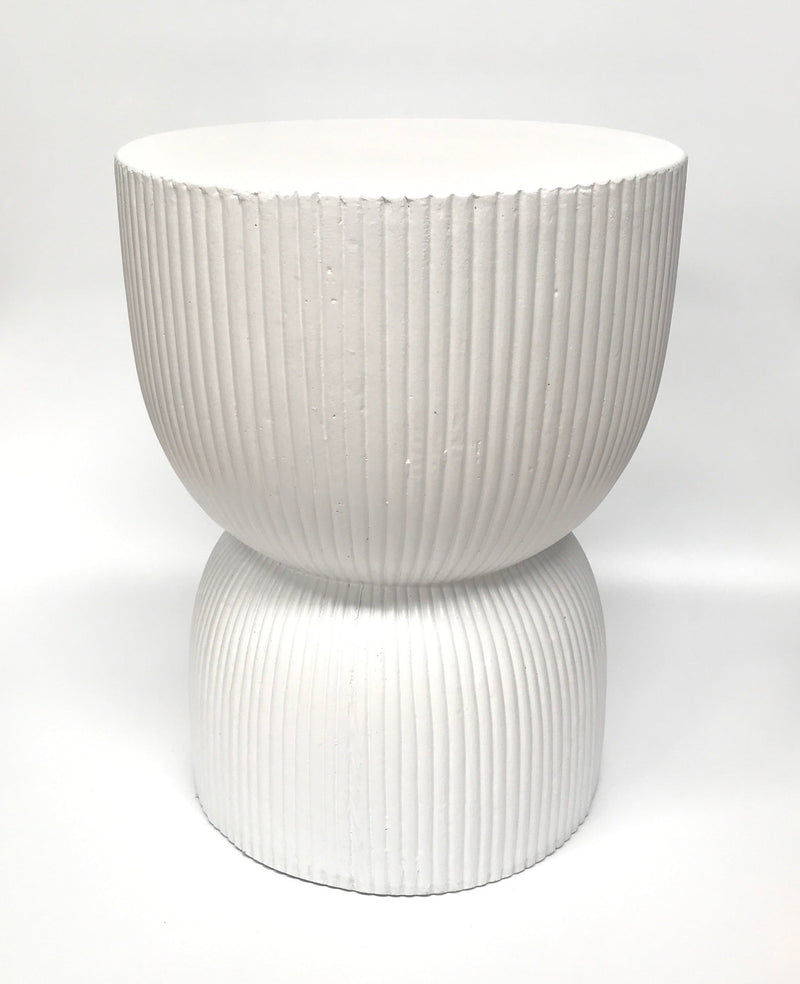 Hourglass Ribbed Concrete Stool / Side Table - Hand Carved - White - Razzino Furniture