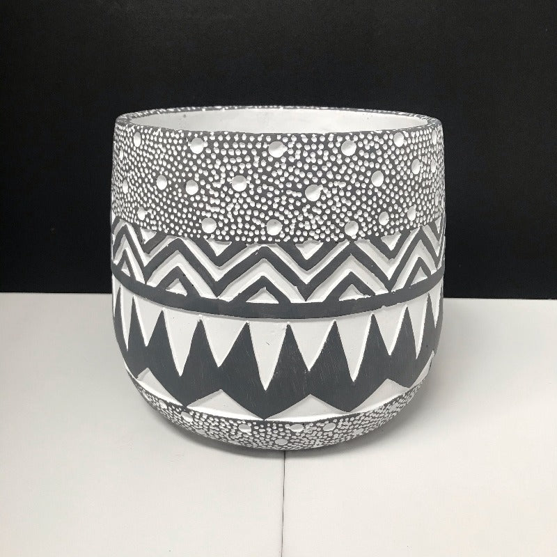 Tribal Black & White Hand Carved Round Pot - Razzino Furniture
