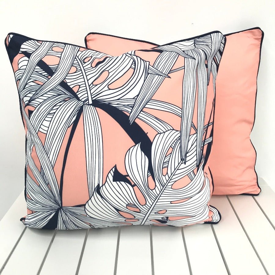 Peachy Palms with Navy Trim - Outdoor Cushion - Razzino Furniture