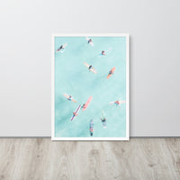 Surfers Floating in Ocean Beach Framed Art Print