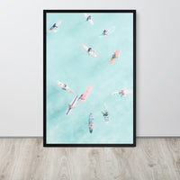 Surfers Floating in Ocean Beach Framed Art Print