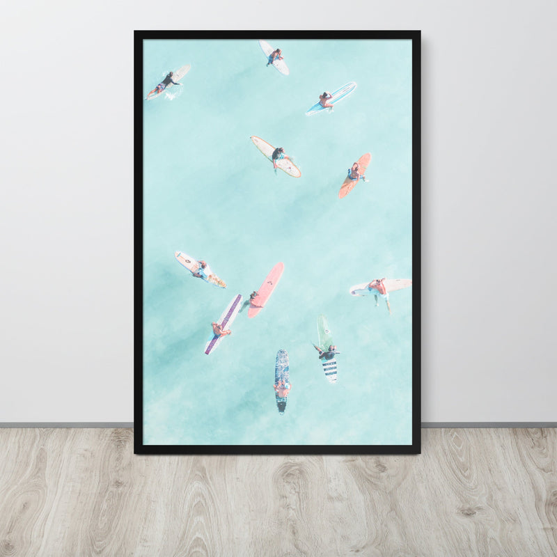 Surfers Floating in Ocean Beach Framed Art Print