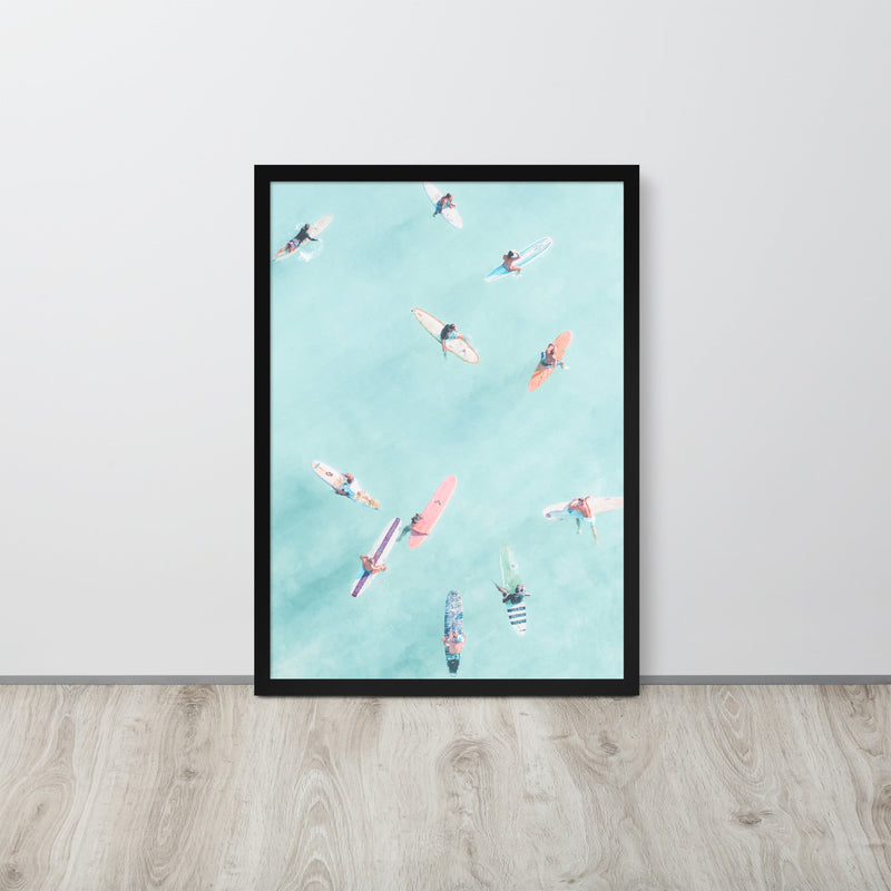 Surfers Floating in Ocean Beach Framed Art Print