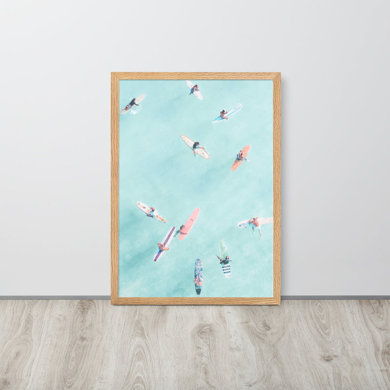 Surfers Floating in Ocean Beach Framed Art Print