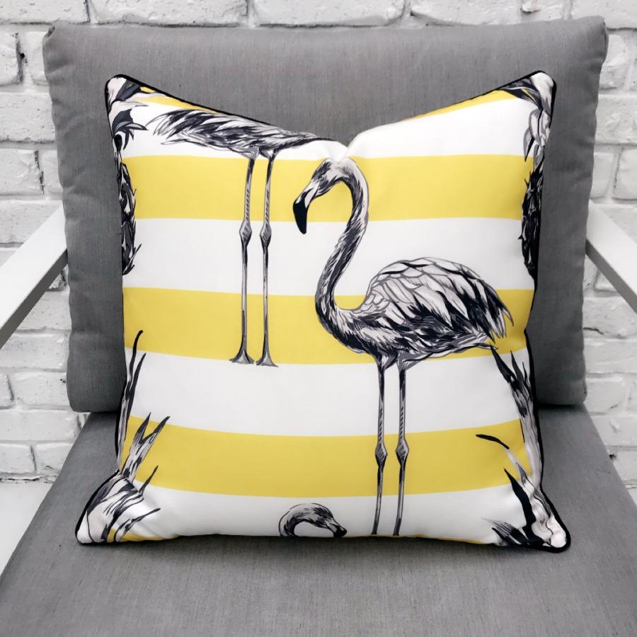 Yellow Flamingo Reverse Stripe Print Outdoor Cushion Razzino